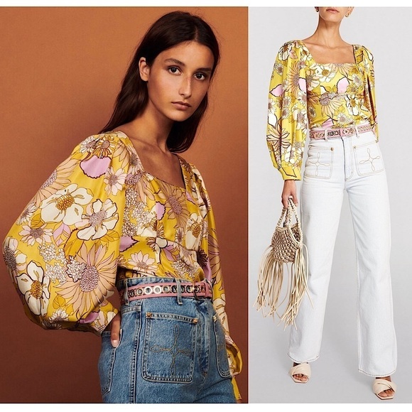 NWT SANDRO Silk Floral Puff Long Sleeve Square Neck Cropped Slim Babydoll Top 2 - Picture 1 of 16